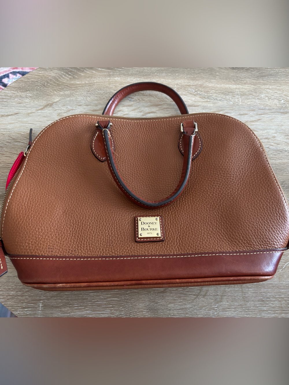 Dooney & Bourke Tan/Brown Pebble Leather Satchel with Red Accent